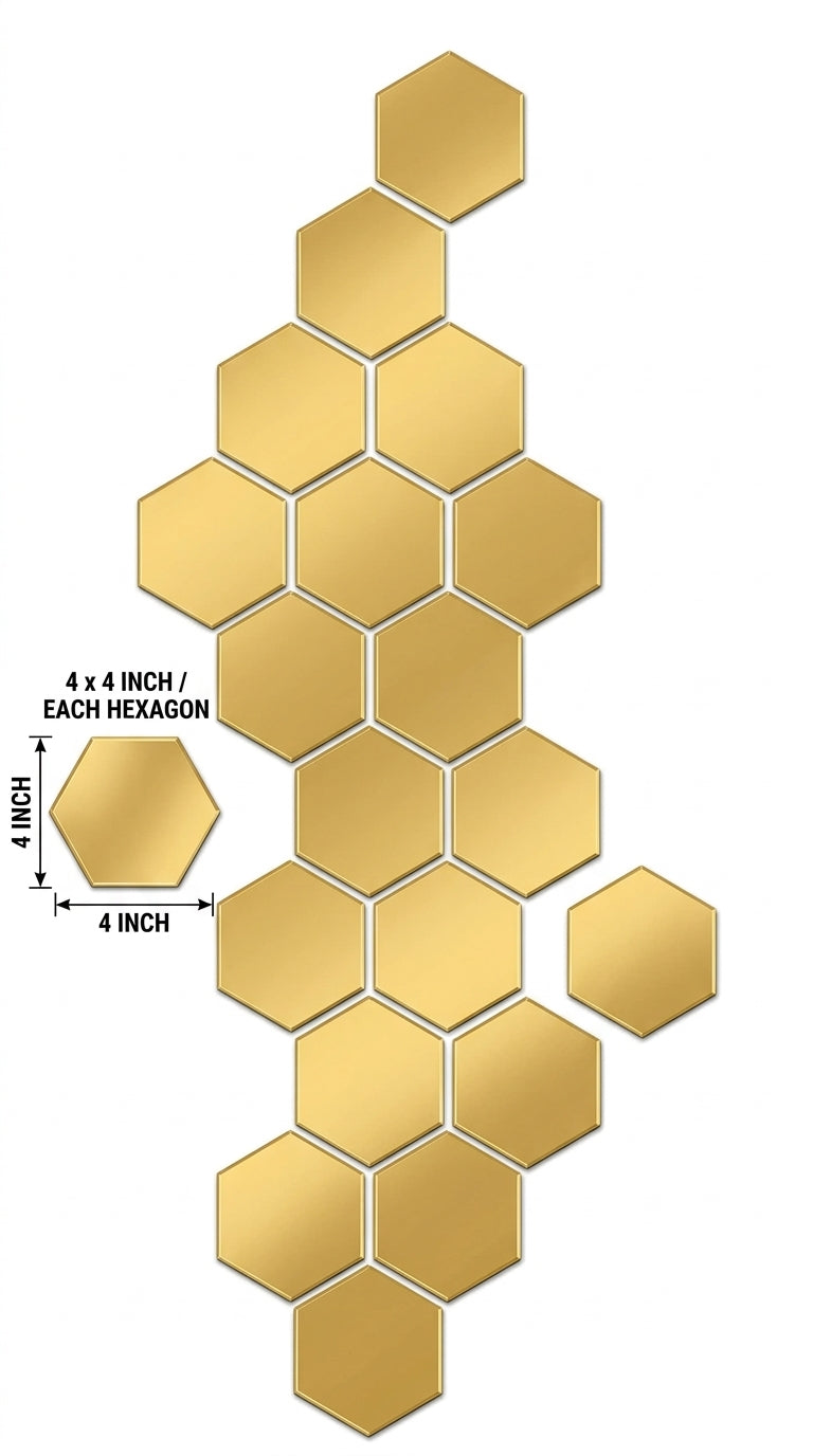 Gold Acrylic Hexagon Wall Décor – Geometric Islamic Home Decoration, Pack of 12, 24 or 36 Pieces, 4 x 4 or 6 x 6 Inch