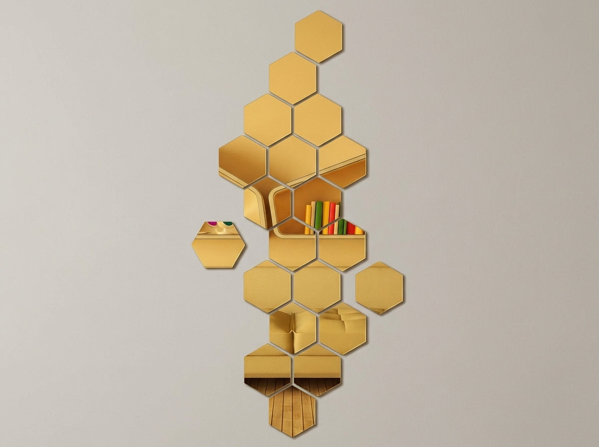 Gold Acrylic Hexagon Wall Décor – Geometric Islamic Home Decoration, Pack of 12, 24 or 36 Pieces, 4 x 4 or 6 x 6 Inch