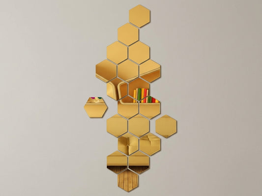 Gold Acrylic Hexagon Wall Décor – Geometric Islamic Home Decoration, Pack of 12, 24 or 36 Pieces, 4 x 4 or 6 x 6 Inch