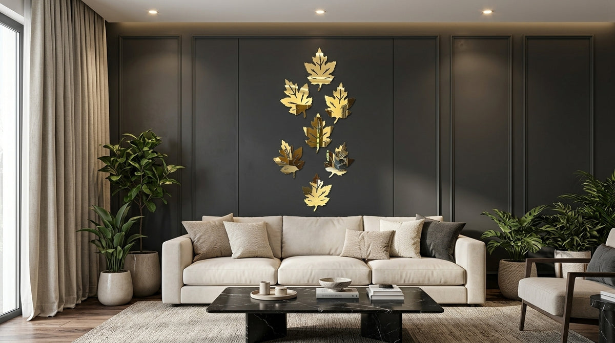 Kashmiri Leaf Wall Décor – Gold Acrylic Decorative Leaf Design, Pack of 6, 12 or 18 Pieces, 6 x 6 or 8 x 8 Inch