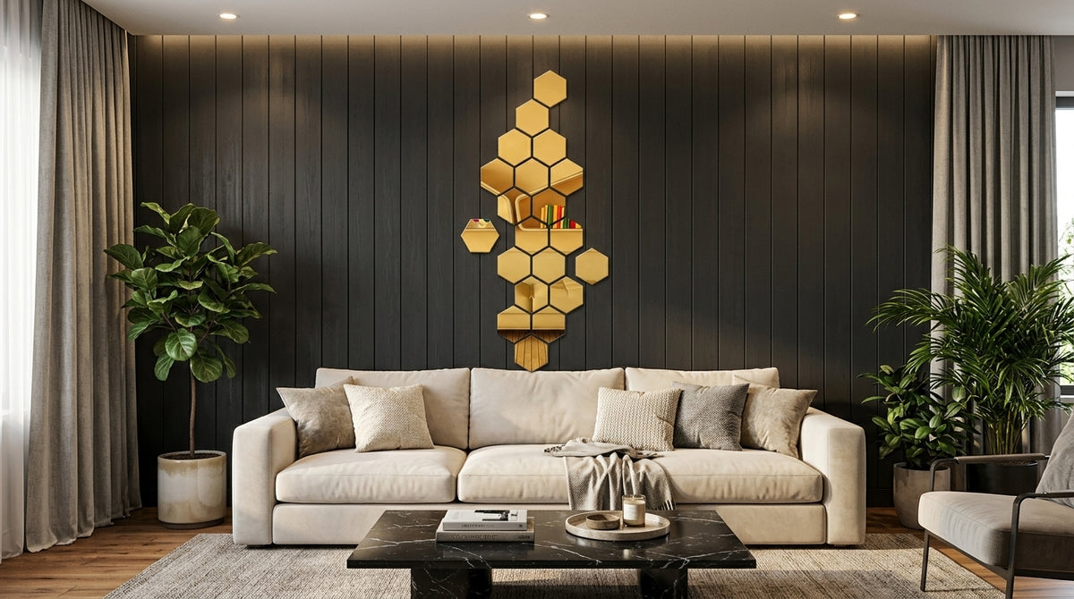 Gold Acrylic Hexagon Wall Décor – Geometric Islamic Home Decoration, Pack of 12, 24 or 36 Pieces, 4 x 4 or 6 x 6 Inch