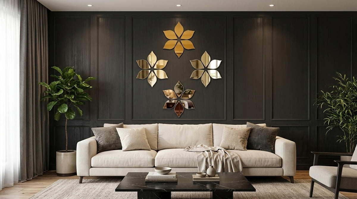 Gold Acrylic Flower Wall Décor – Decorative Floral Wall Art for Modern Home Interiors, 12 x 12 or 16 x 16 Inch